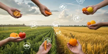 Global food supply chain network with hands exchanging produce, symbolizing U.S. efforts to stabilize food prices and enhance security.