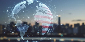 Global impact of US AI policy, digital network over world map with American flag