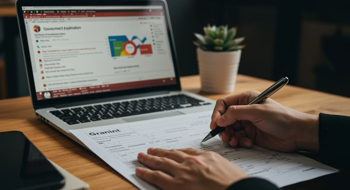 Detailed view of hands completing a federal grant application form.