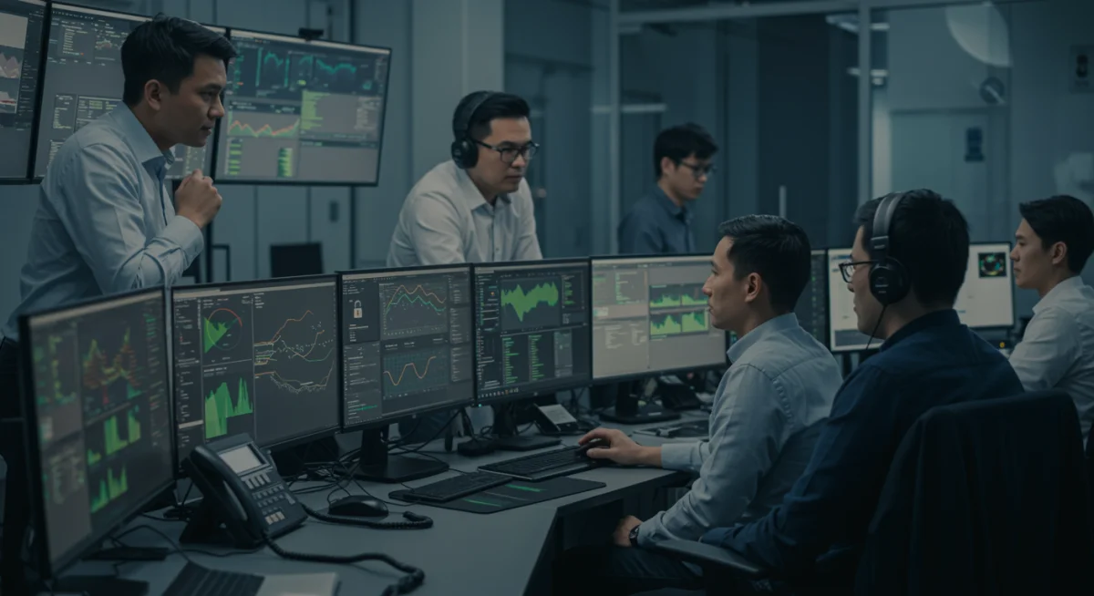 Cybersecurity team collaborating with AI tools in SOC