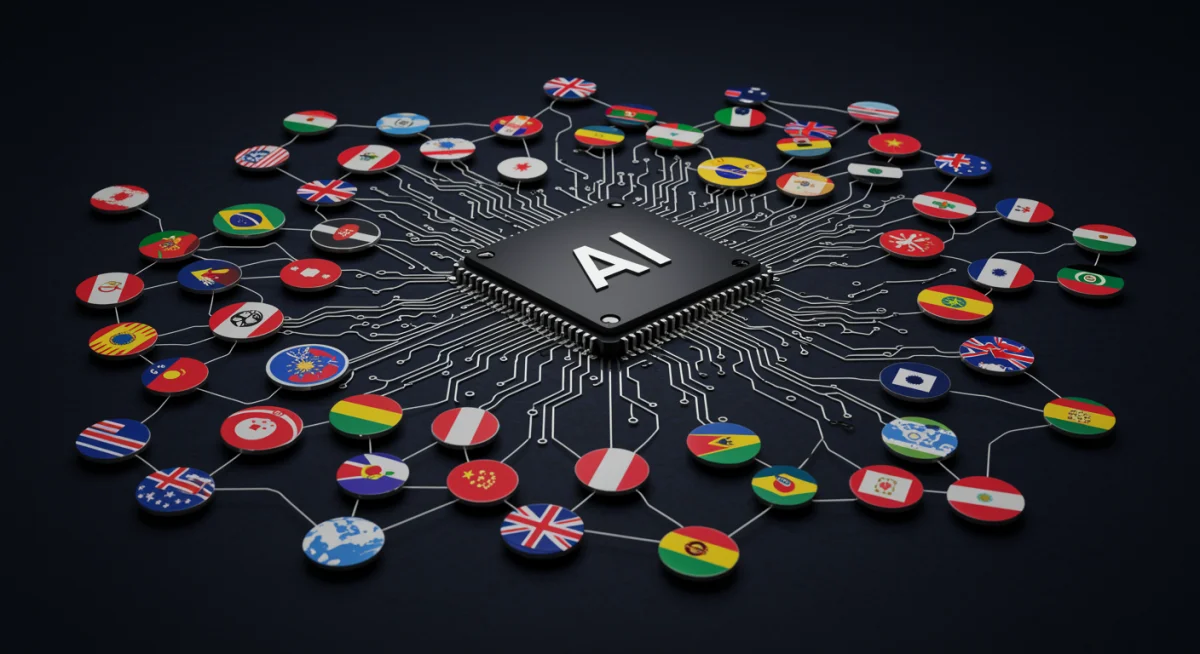 International AI collaboration and competition, flags around tech chip