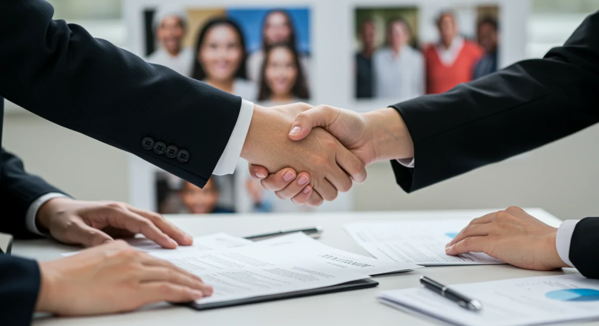 International leaders shaking hands over a human rights agreement document.