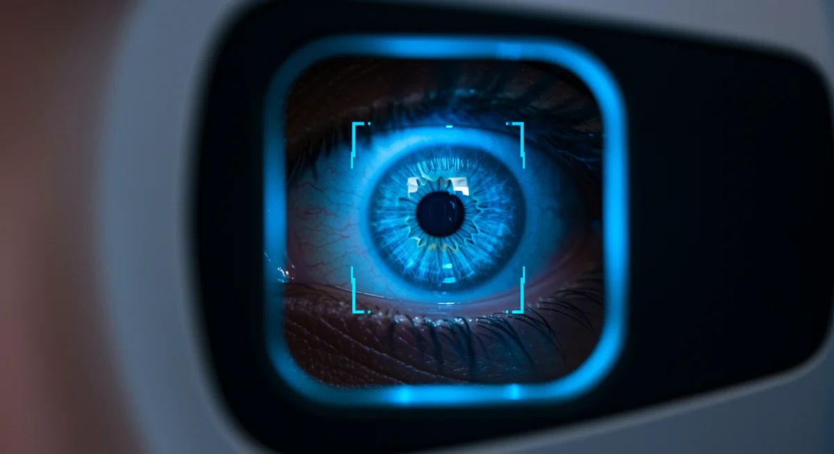 Close-up of an iris scanning device illuminating an eye for biometric identification.