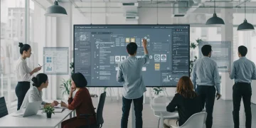 Team collaborating on low-code no-code platform for rapid application development