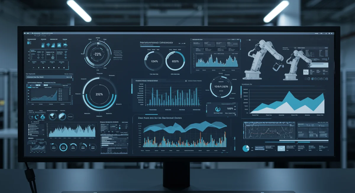 Real-time data dashboard showing manufacturing efficiency metrics and robot performance.