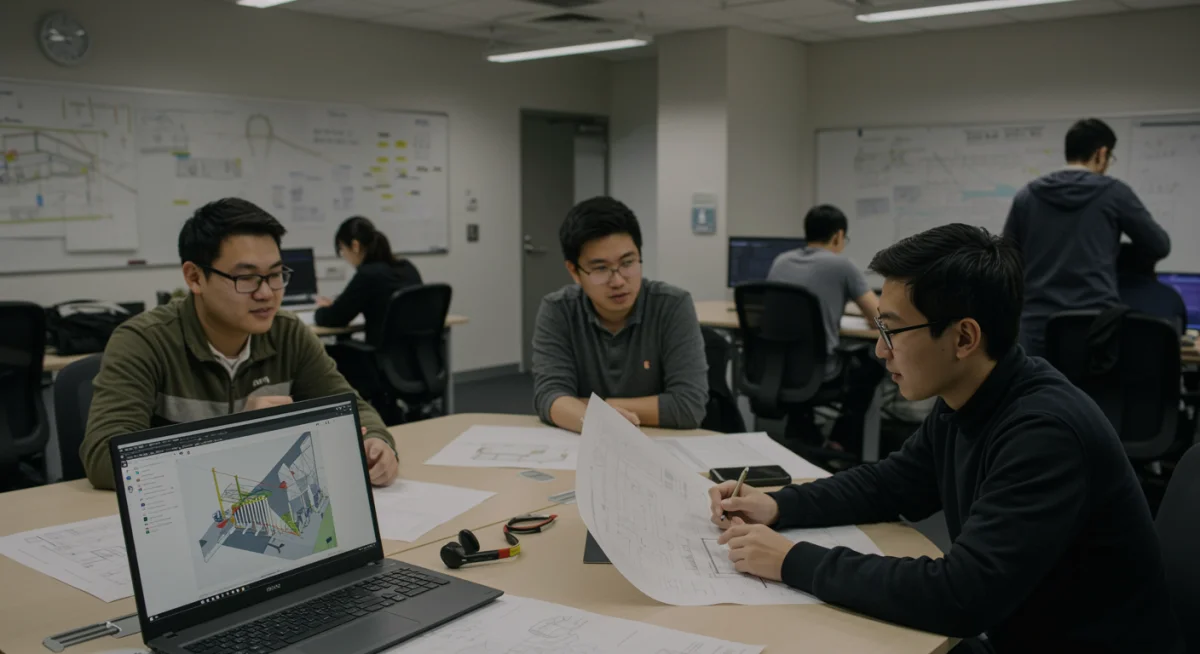 University students collaborating on a 3D design project in a shared metaverse environment.