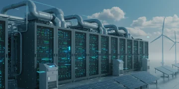 Next-generation data center with advanced cooling and renewable energy integration, symbolizing reduced energy consumption and financial impact.