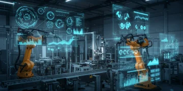 Futuristic manufacturing plant with predictive analytics dashboards optimizing production lines.