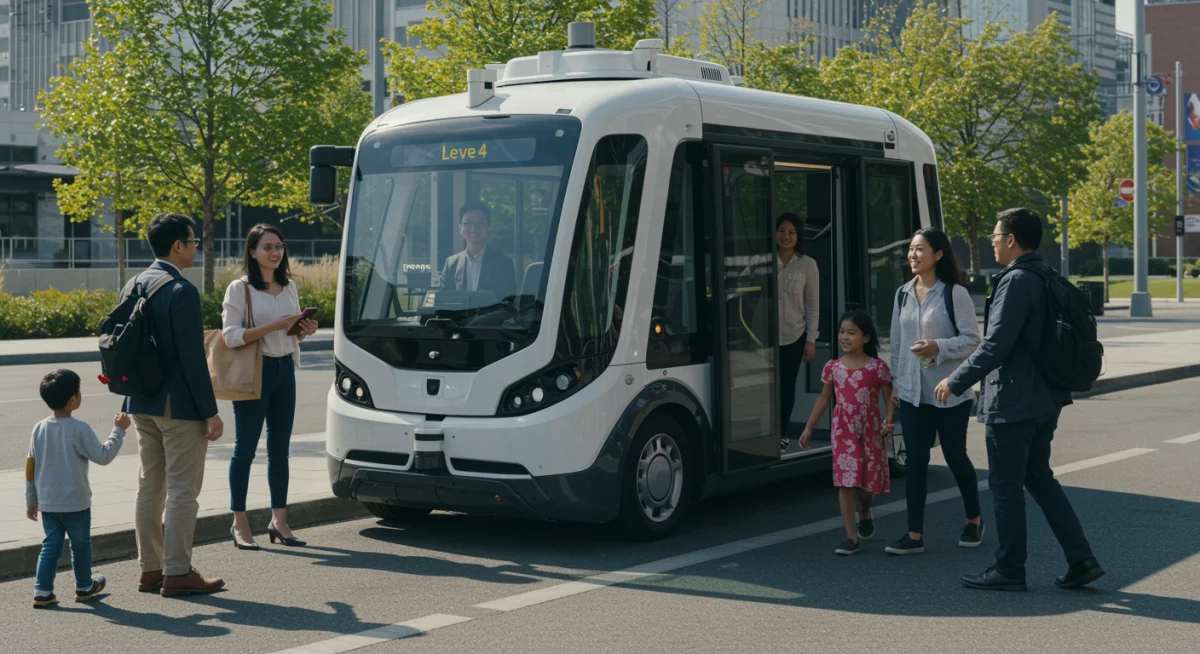 People interacting with a Level 4 autonomous shuttle in a city, showing public acceptance.