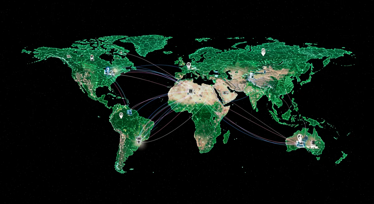 Conceptual secure quantum communication network connecting global research hubs.