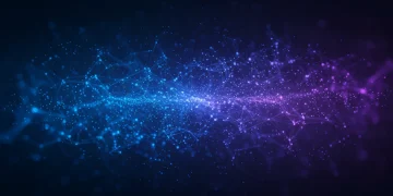 Abstract quantum computing network with entangled qubits and glowing data streams.