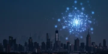 Abstract quantum computing network with glowing qubits over a modern city skyline, symbolizing technological integration.