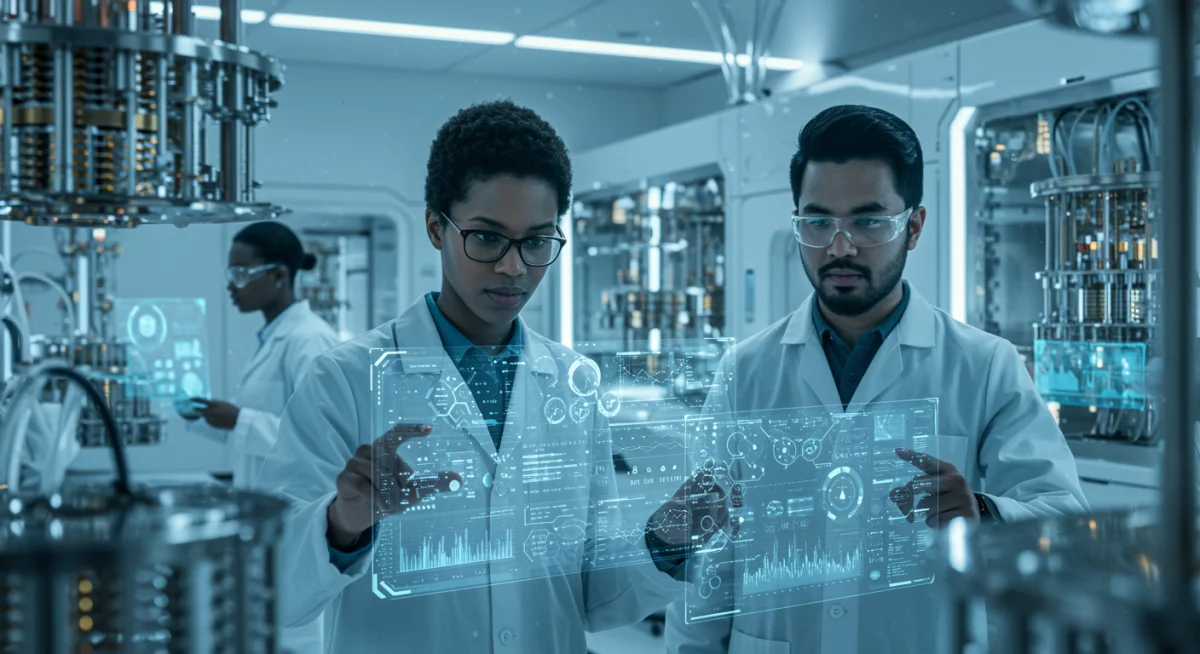 Researchers analyzing complex quantum data in a high-tech laboratory.