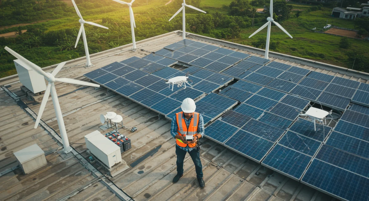 Renewable Energy Specialist inspecting solar panels with a drone