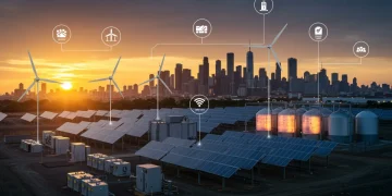 Futuristic renewable energy storage facility with diverse technologies ensuring grid stability in the US.