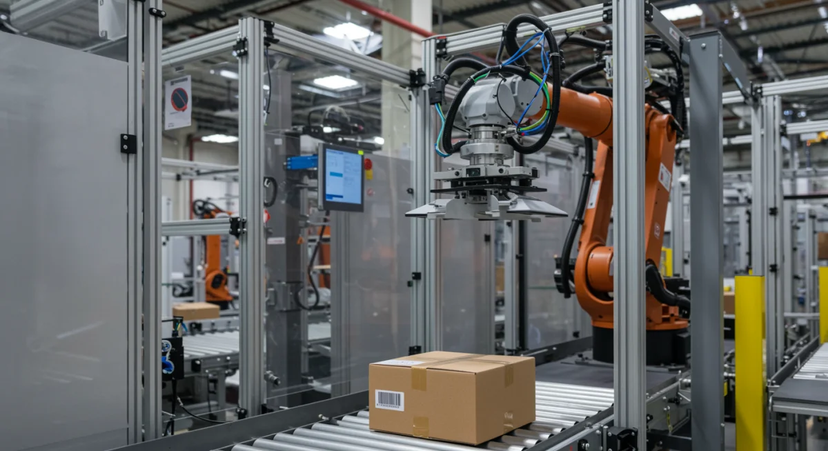 Robotic arm performing high-speed package sorting in a logistics hub.