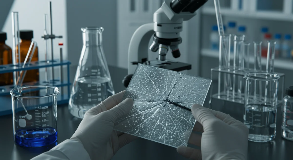 Scientist examining self-healing polymer under a microscope