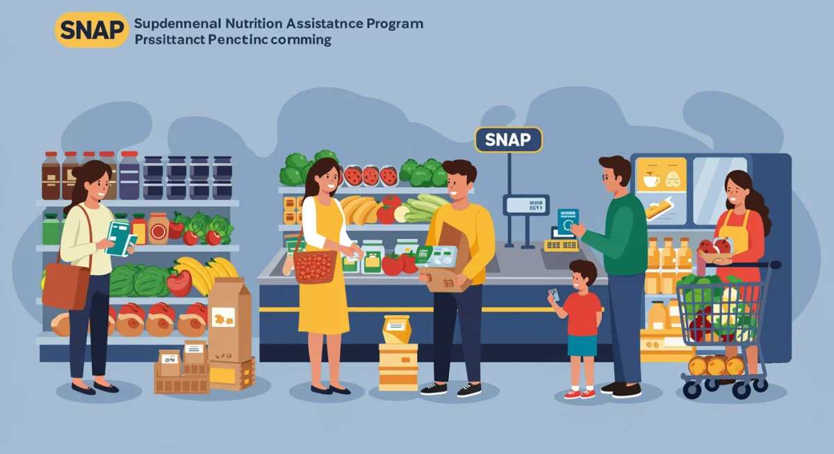 Family using SNAP benefits for groceries, promoting healthy eating
