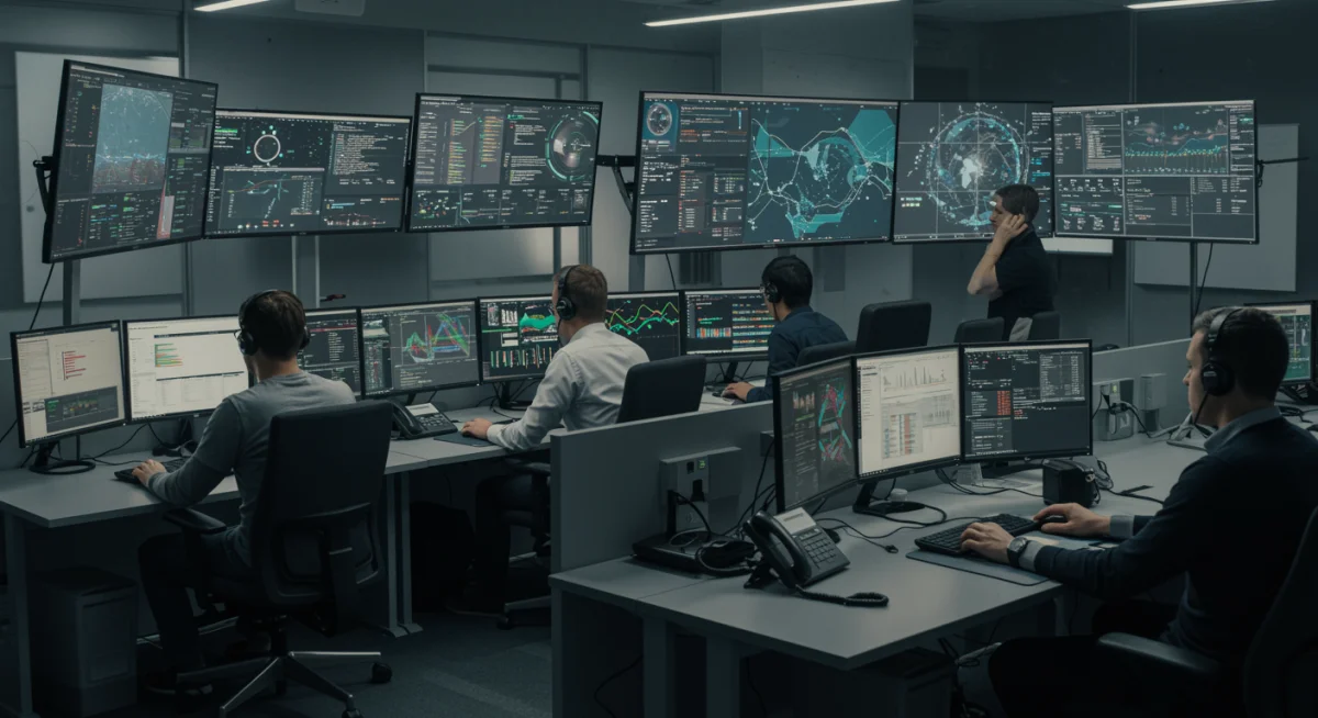 Cybersecurity team collaborating in a SOC with AI insights.