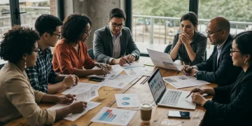 Diverse individuals collaborating on social equity policies in a modern office setting