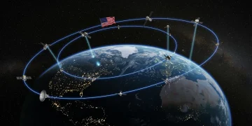 Futuristic space commercialization with satellites and ground infrastructure, representing US private investment growth.