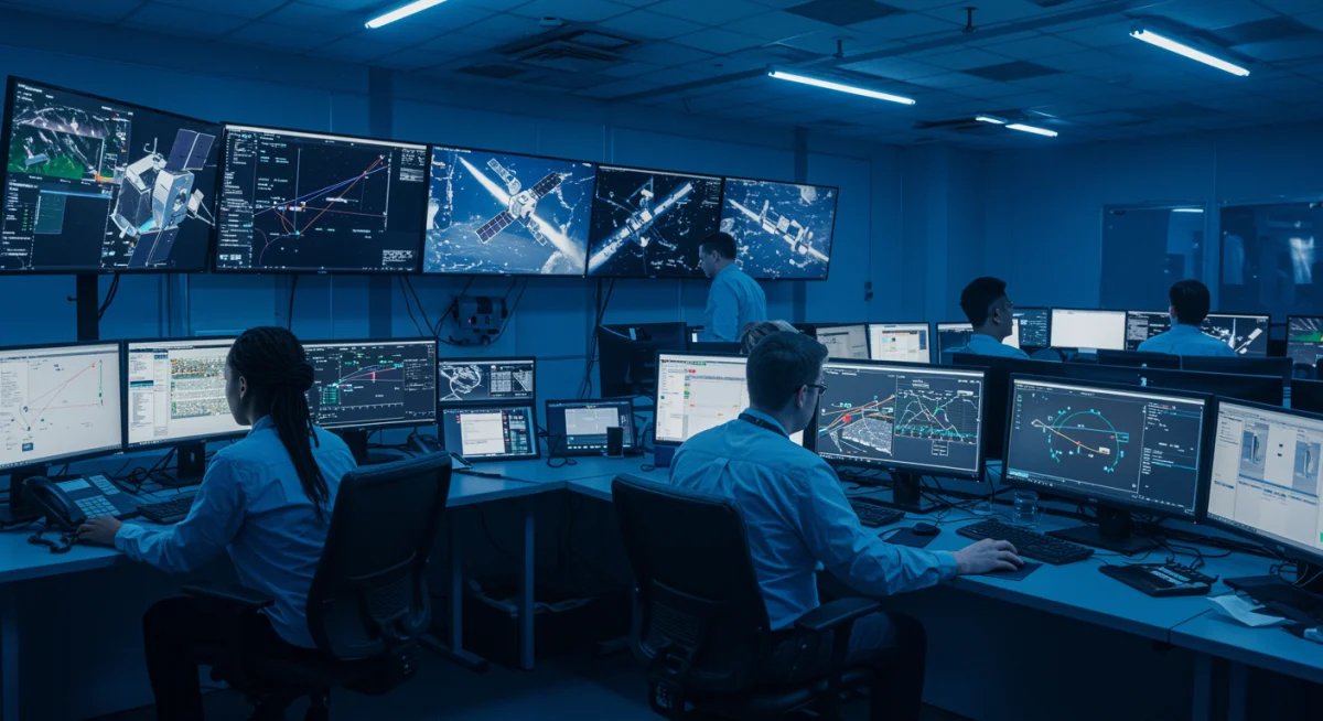 Engineers in a control room overseeing advanced space operations and private sector initiatives.