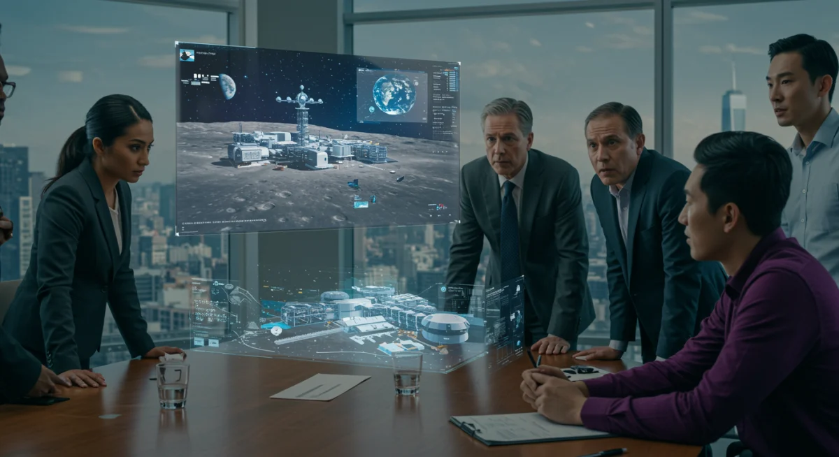 Investors discussing future space commercialization opportunities and lunar bases.