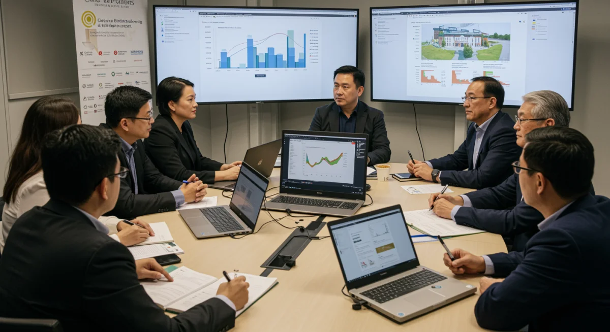 Stakeholders collaborating in a workshop to analyze data and plan future community development.