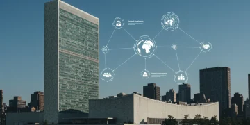 United Nations headquarters with digital network overlay symbolizing 2025 reform efforts and global governance enhancement.
