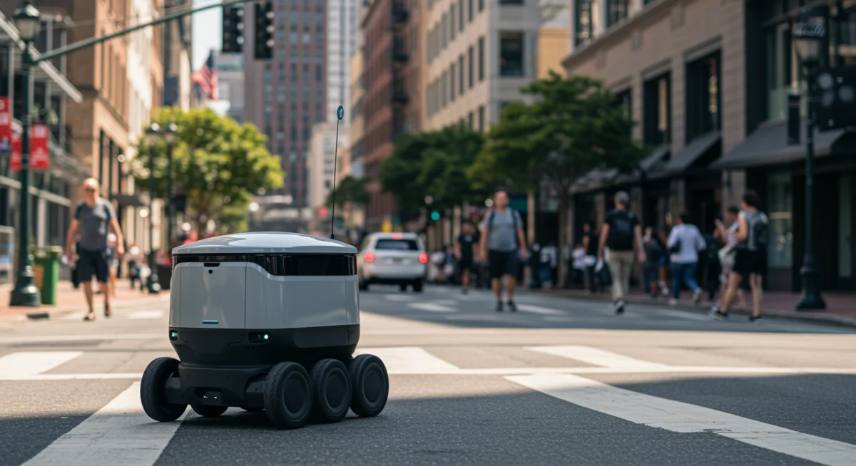Autonomous delivery robot on a city street in the US, showcasing urban integration.