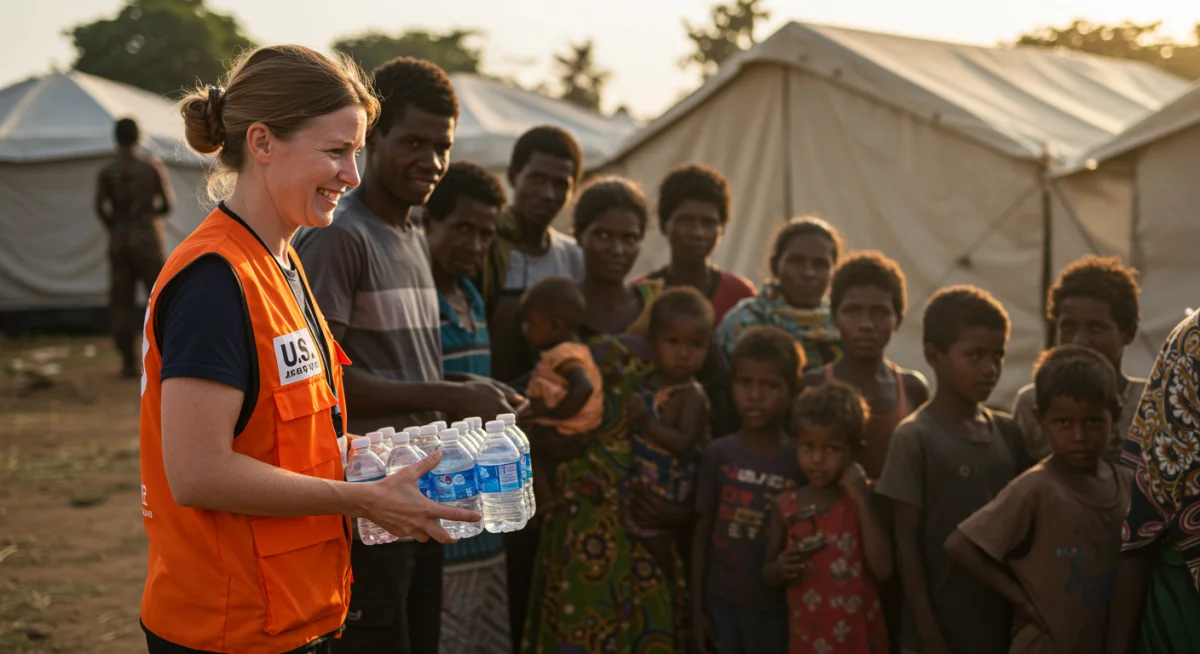 US aid worker distributing supplies in a refugee camp, illustrating direct humanitarian assistance.