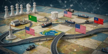 Strategic chessboard illustrating US and China geopolitical competition over global infrastructure