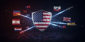 Digital shield defending against global cyber warfare threats in 2025, symbolizing U.S. national security challenges.