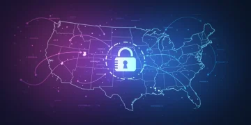 Digital padlock on US map, symbolizing data privacy regulations for tech companies.