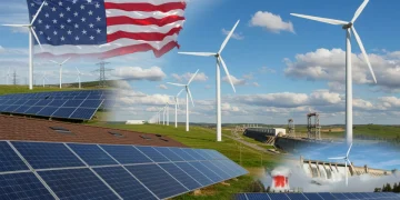 U.S. Leadership: 25% Renewable Energy by 2030 U.S. leading global renewable energy transition with solar panels, wind turbines, and clean innovative technologies.