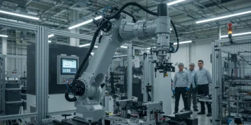 Advanced robotic arm working in a high-tech US manufacturing plant, symbolizing innovation.