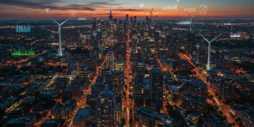 Futuristic US smart city with integrated green technology and efficient energy use