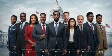 Diverse group symbolizing reduced inequality with US government backdrop