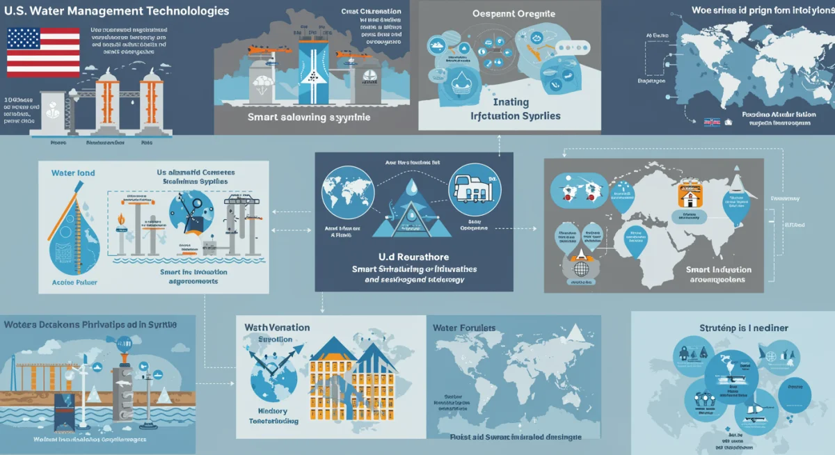 Infographic detailing U.S. water management technologies and diplomatic initiatives for global water security.