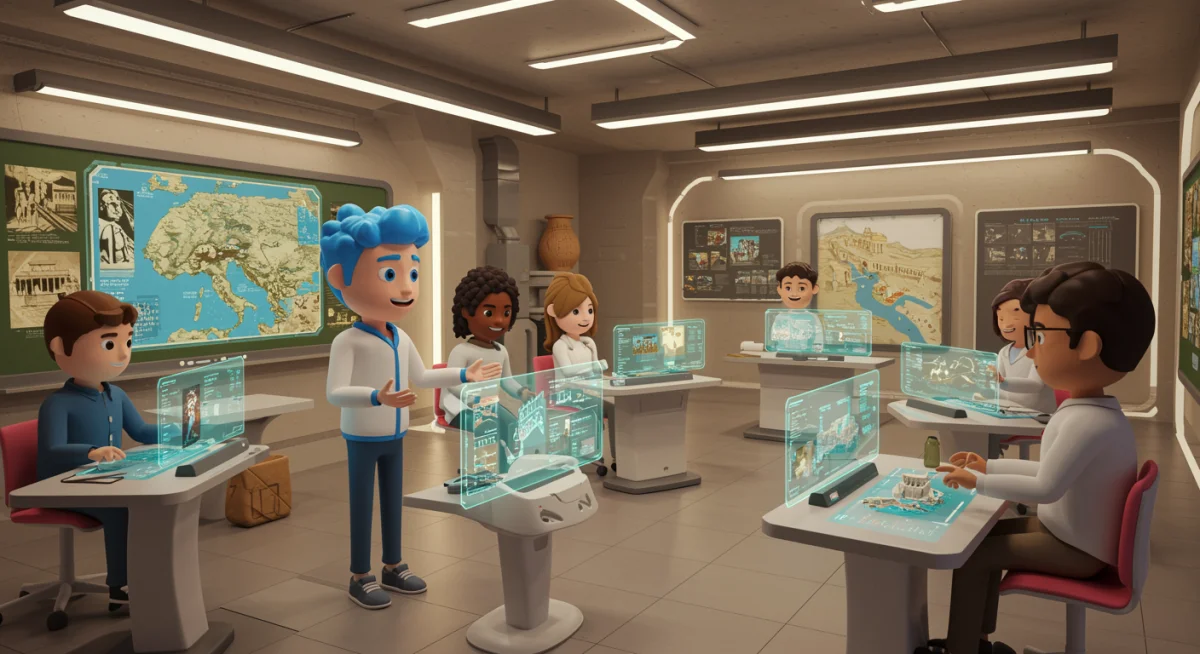 AI instructor guiding student avatars in a virtual historical simulation.