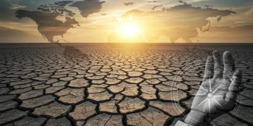 Parched land and geopolitical map illustrating global water scarcity challenges and U.S. strategic responses.