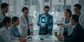 Professionals collaborating on AI data projections for workforce adaptation