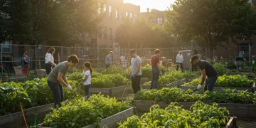 Community members cultivating a vibrant garden in an under-resourced urban area, symbolizing growth and development from federal grants.