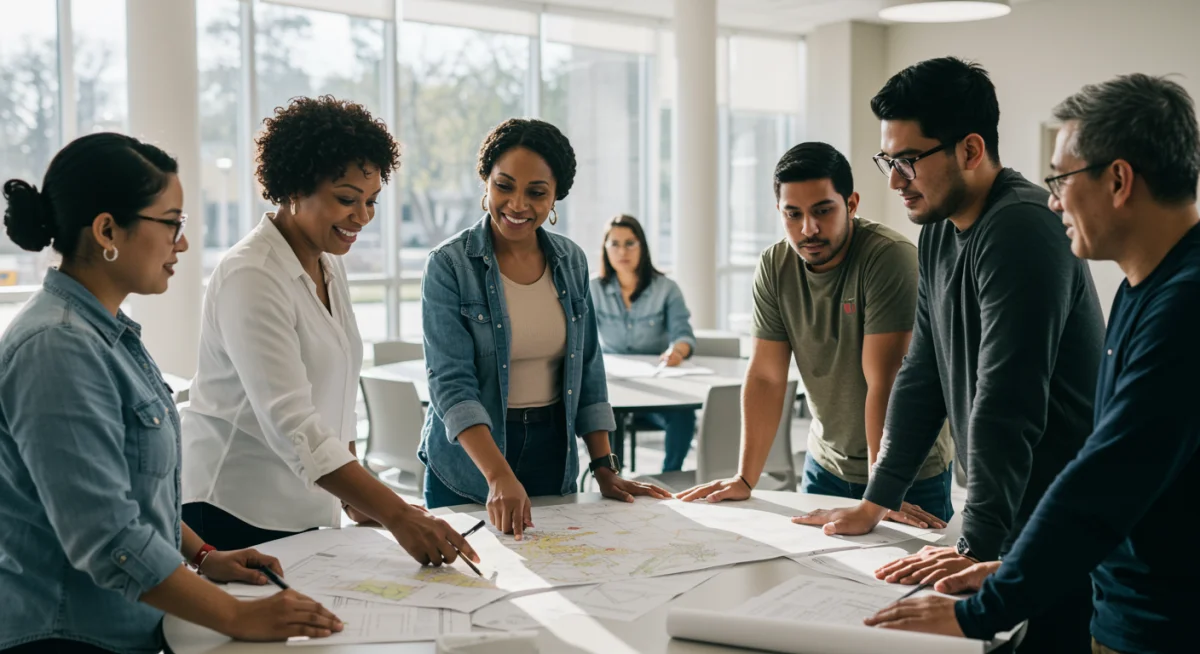 Community leaders and residents collaborating in a modern community center, illustrating strategic planning for grant-funded development projects.