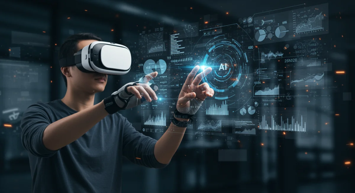 Individual using VR for data interaction, demonstrating digital literacy