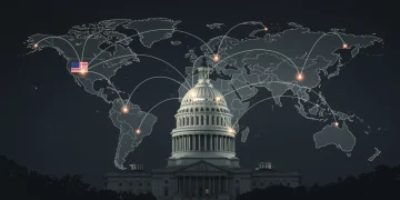 Global diplomatic efforts with interconnected conflict zones and U.S. Capitol, illustrating international relations in 2026.