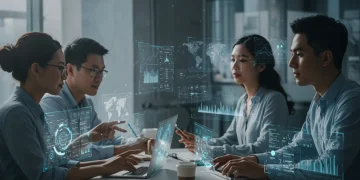 Professionals using advanced remote work technologies for enhanced collaboration and productivity