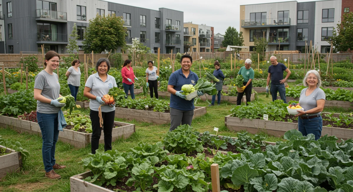 Community garden with diverse volunteers, showcasing local food systems and sustainable urban development.