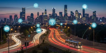 Futuristic smart city skyline with integrated IoT infrastructure