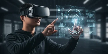 Futuristic VR headset user navigating the metaverse